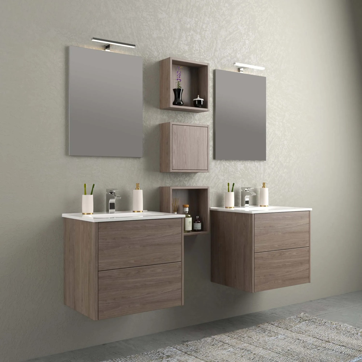 Set di mobili da bagno moderni con due lavabi, specchi e scaffali effetto legno.