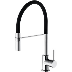 Miscelatore lavabo moderno con bocca flessibile nera e finitura cromata.