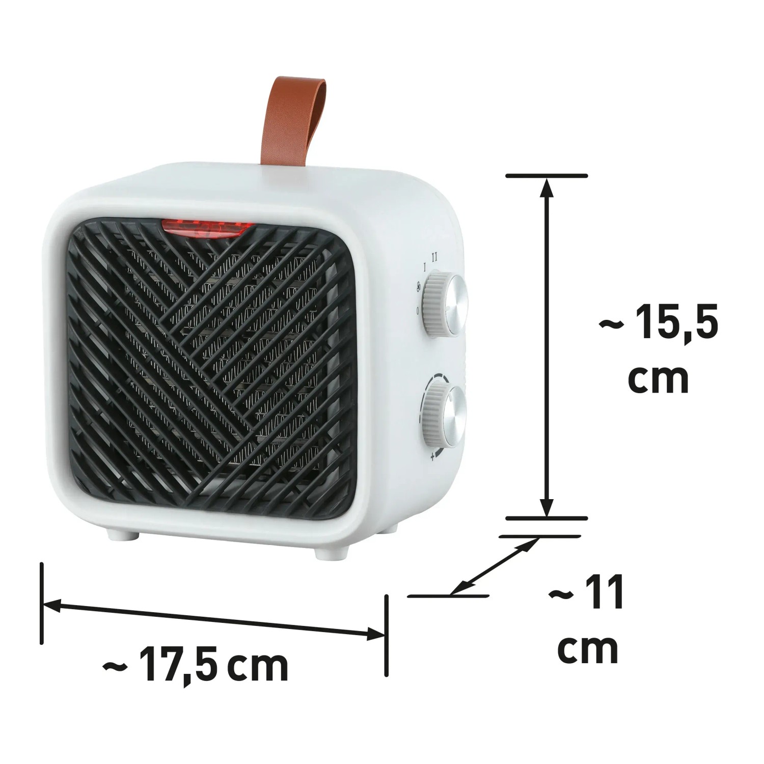 Termoventilatore ceramico compatto bianco Nevala 2in1 con ventola e dimensioni.