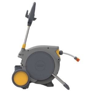 Carrello avvolgitubo t.b.t. grigio con dettagli gialli e attacco per tubo.