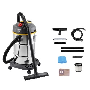 Aspirapolvere t.b.t. Aspiratutto con accessori come ugelli, filtri e tubo.