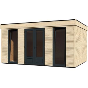 Moderna casetta da giardino in legno Decor Home 15 con tetto piatto, finestra e doppia porta.