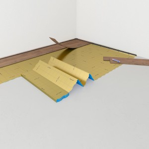 Installazione di Selitbloc® GripTec isolamento acustico sotto un pavimento in legno. Pannelli isolanti dorati con bordo blu.