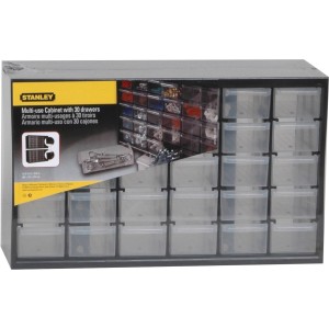 Magazzino minuteria Stanley con 30 cassetti in plastica trasparente, adatto per il montaggio a parete.