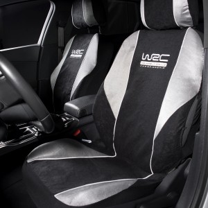 Coprisedili auto neri con striscia grigia e logo WRC per interni auto.
