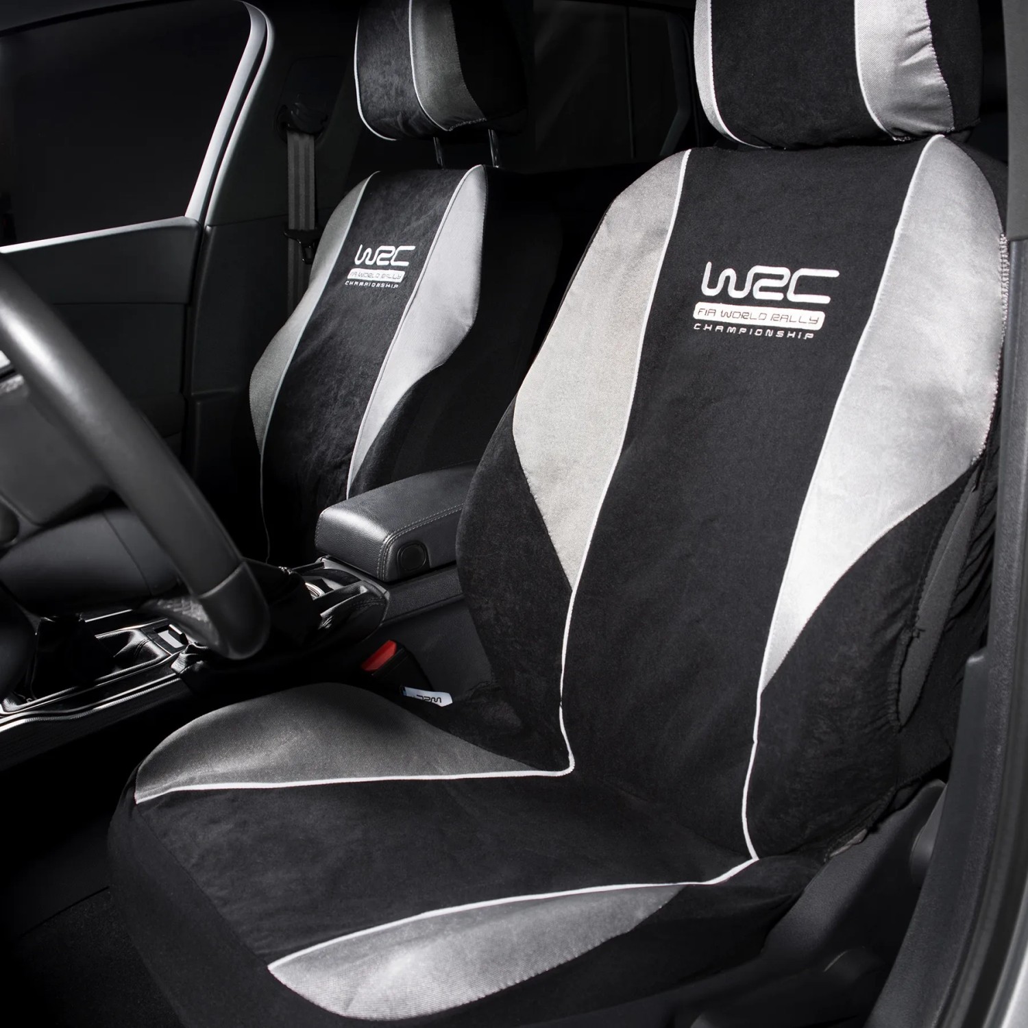 Coprisedili auto neri con striscia grigia e logo WRC per interni auto.