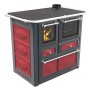 Stufa a legna t.b.t. con piano cottura, forno e rivestimento rosso.
