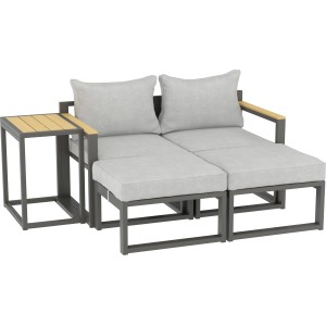 Set lounge Carleton 5 pezzi con struttura in alluminio antracite, cuscini grigio chiaro e tavolino.