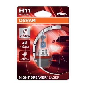 Osram Night Breaker Laser H11 12V 55W in blister, per una migliore visibilità durante la guida.