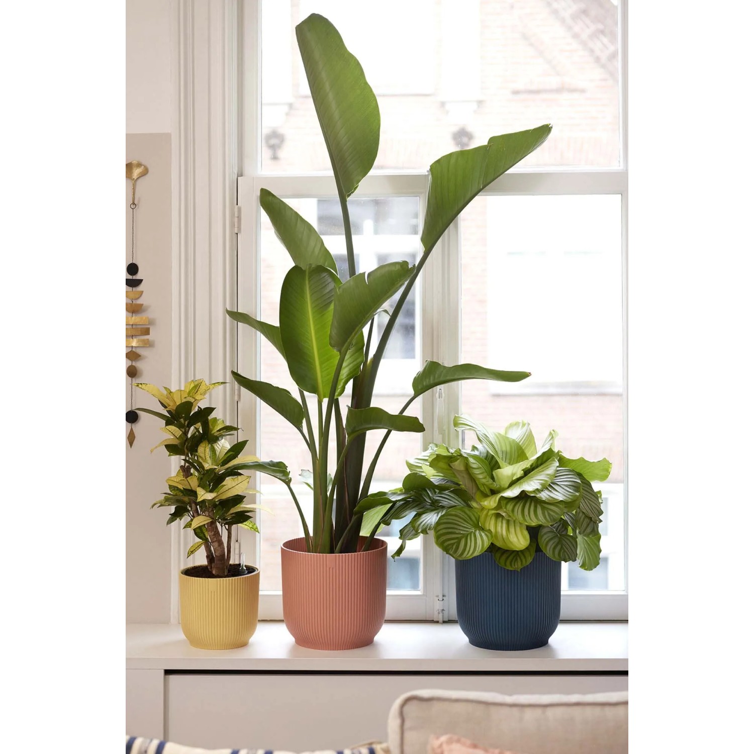 Vaso Elho Vibes Fold, Ø 25 cm, rosa tenue, con piante su un davanzale.