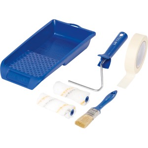 Set per pittura LUX Grigio-Oro, 6 pezzi: vaschetta per pittura, 2 rulli, pennello e nastro adesivo per lavori di pittura.