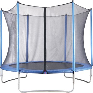 Trampolino da giardino blu con rete di sicurezza per bambini e adulti.
