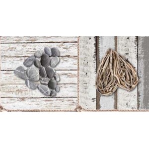 t.b.t. Decorazione da tavola: Due motivi con pietre e cuore di legno su fondo di legno.