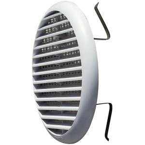 Griglia di ventilazione t.b.t. bianca, rotonda con lamelle e clip di fissaggio.
