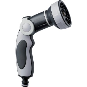 Pistola per irrigazione grigia con vari modelli di spruzzo.