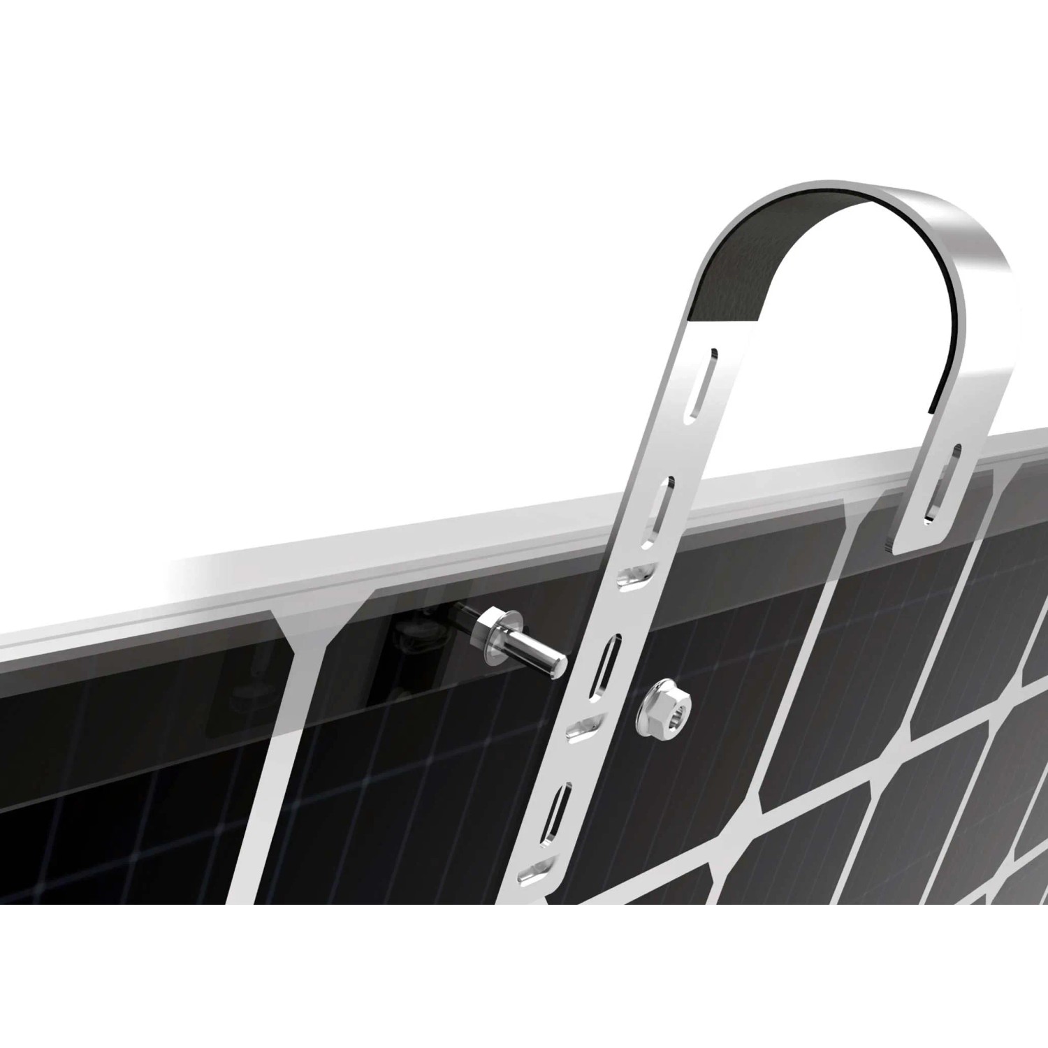 Dettaglio di un modulo solare da balcone con staffa argentata.