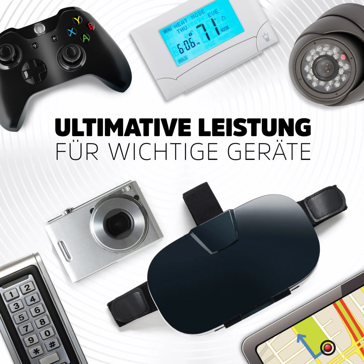 Esempi di utilizzo per batteria al litio Energizer 9V: controller di gioco, telecamera di sicurezza, rilevatore di fumo, visore VR, tablet.