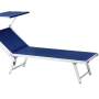 Lettino prendisole blu con tettuccio parasole, ideale per giardino e terrazza.