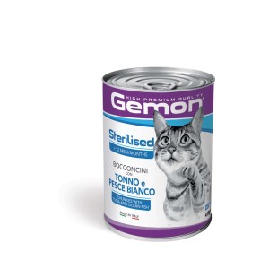 Gemon cibo umido per gatti sterilizzati con tonno e pesce bianco, lattina.