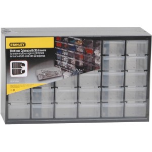 Magazzino minuteria Stanley con 30 cassetti, scomparti trasparenti e telaio robusto.