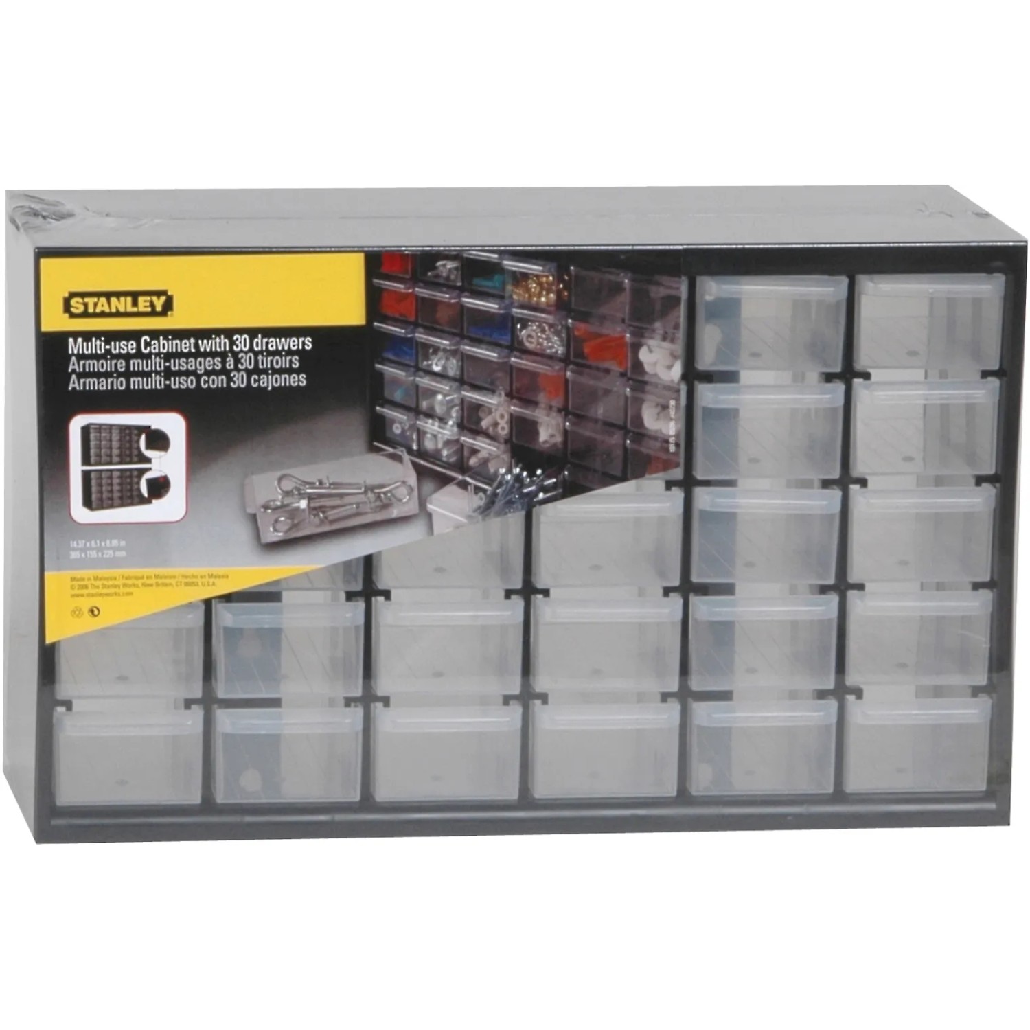 Magazzino minuteria Stanley con 30 cassetti, scomparti trasparenti e telaio robusto.