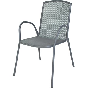 Sedia da giardino grigia con braccioli e struttura a rete per esterni.