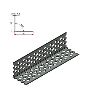 Profilo angolare forato per cartongesso, disegno dettagliato con dimensioni.