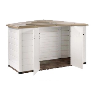 Contenitore bidoni Garofalo Tuscany Evo 200, box in PVC bianco con tetto marrone e ante aperte.