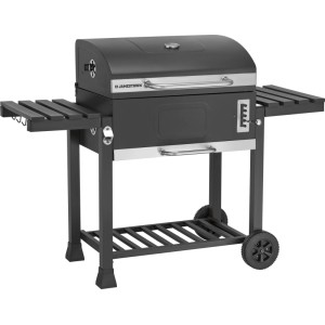 Barbecue a carbone Jamestown Jaxon XL, grigio scuro, mobile, con coperchio, termometro e ripiani laterali.