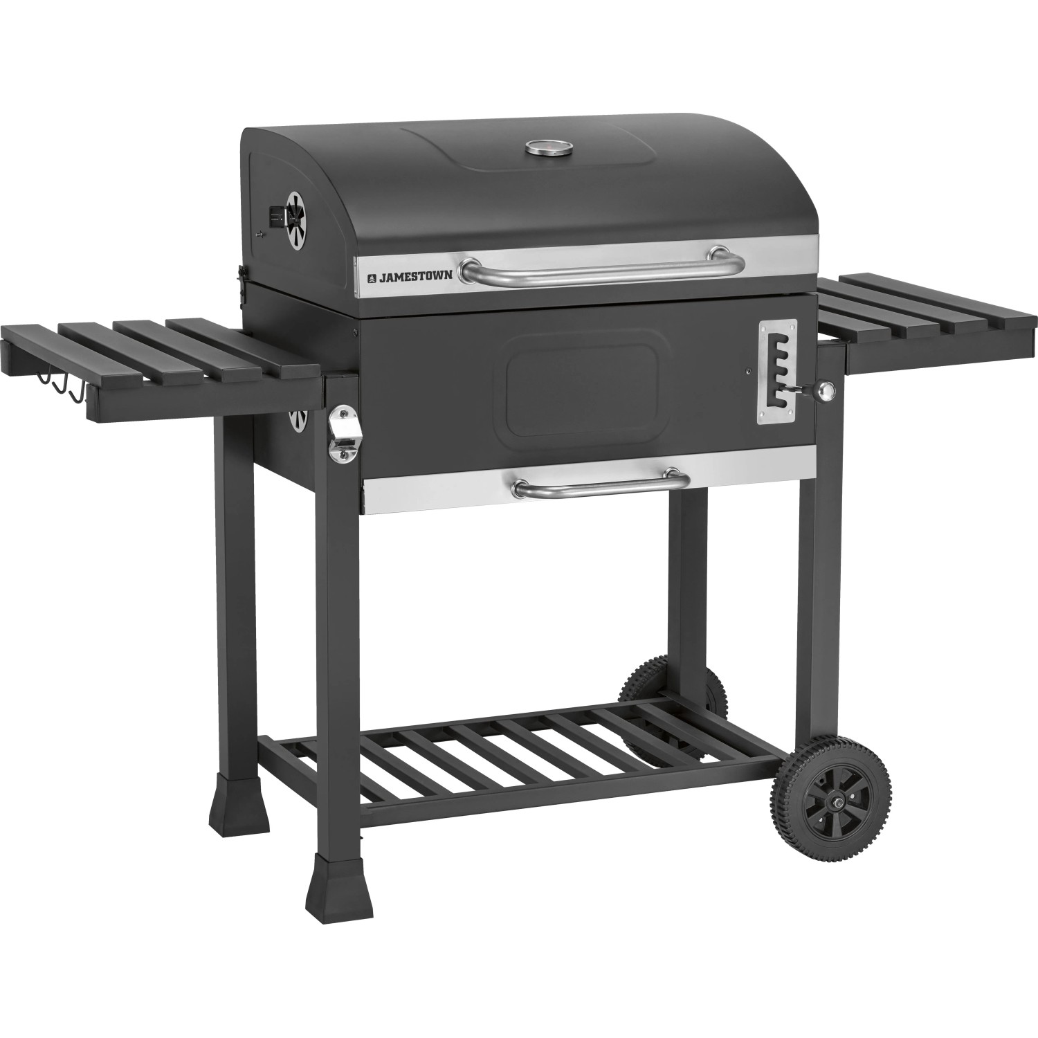 Barbecue a carbone Jamestown Jaxon XL, grigio scuro, mobile, con coperchio, termometro e ripiani laterali.