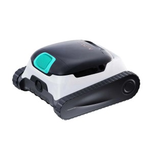Robot per piscina Aiper, pulitore autonomo per piscine con cingoli in bianco e nero.