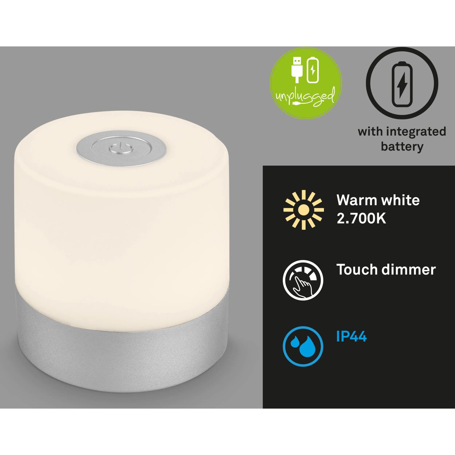 Brilo Smal lampada da tavolo a batteria, cromo opaco, 2W. Piccola lampada LED decorativa dimmerabile per interni ed esterni.