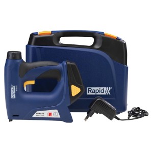 Cucitrice a batteria Rapid BTX530 con accessori e valigetta. Cucitrice elettrica blu e nera.