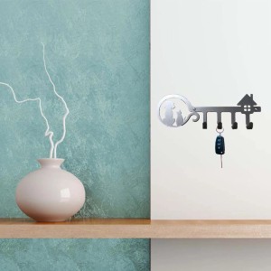 Bacheca portachiavi argentata con motivo cane e gatto e portachiavi.