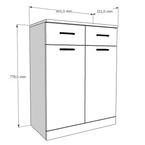 Schizzo: mobile bagno t.b.t. con cassetti e ante, dimensioni indicate.
