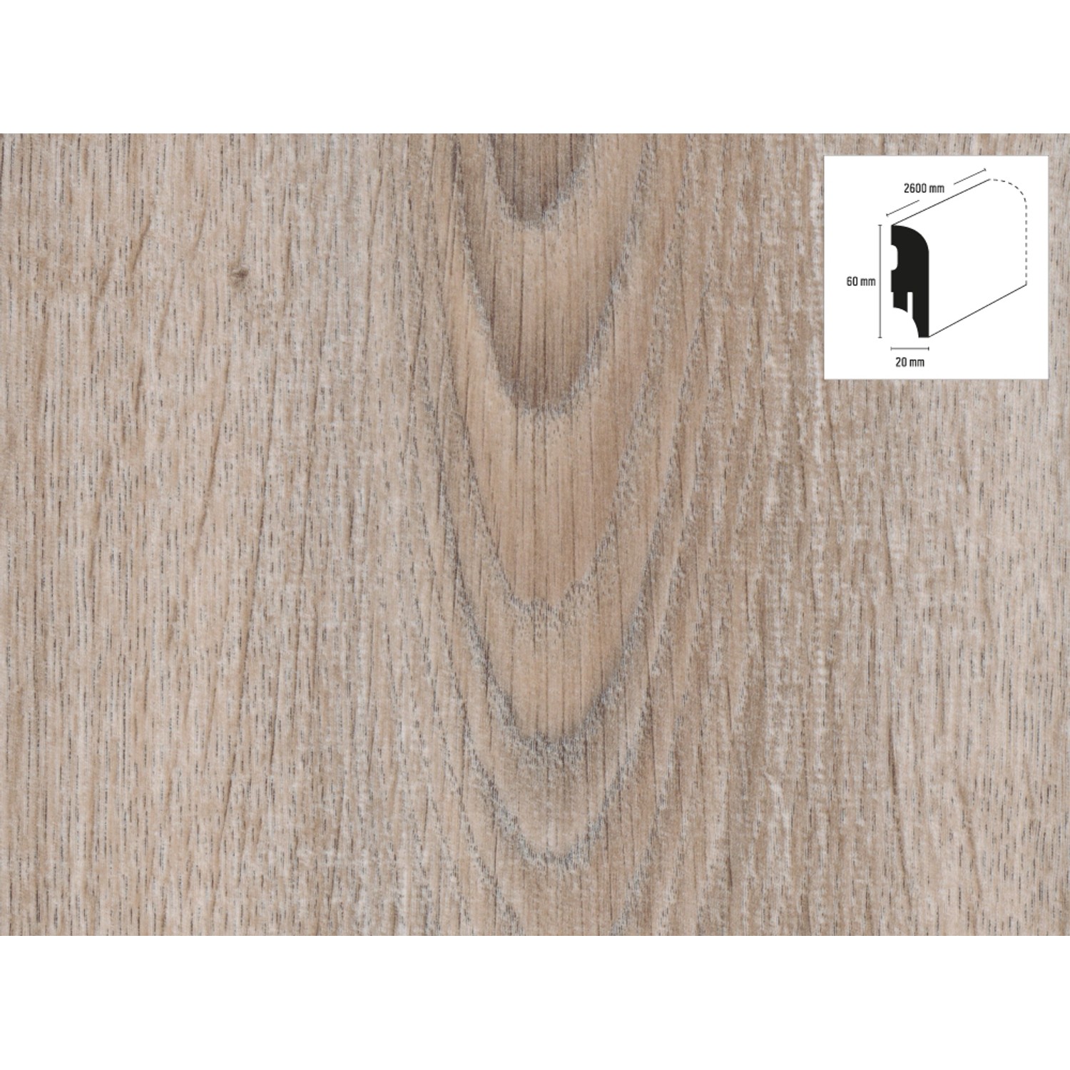 Battiscopa Rovere Silver, 60x20x2600 mm, decoro su supporto HDF, per un facile montaggio con clip.