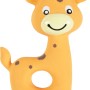 Giocattolo per cuccioli a forma di giraffa gialla con macchie marroni e un foro al centro.