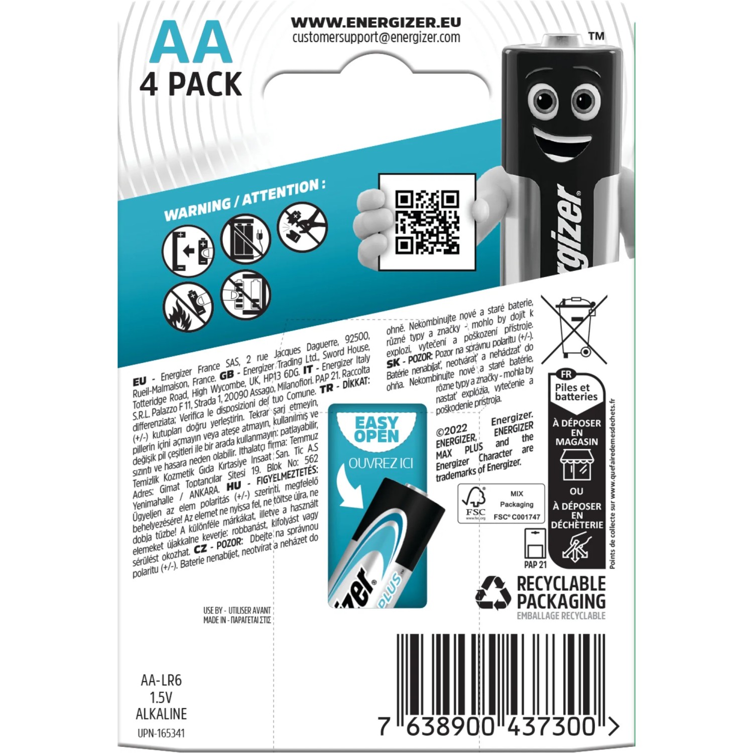 Energizer Max Plus AA batterie, confezione da 4. Batterie alcaline per un'alimentazione affidabile.