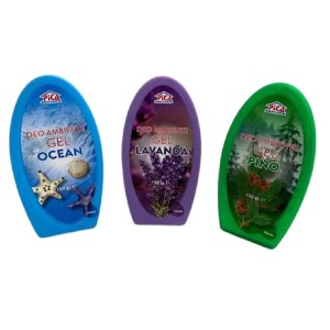Tre gel profumatori per ambienti Pica con fragranze di oceano, lavanda e pino.