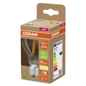 Lampadina LED Osram E27, 8.2W, 1521lm, forma a bulbo, chiara, bianco caldo nella scatola.