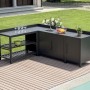 Cucina da esterno Basi Cucina con lavello, ripiani e armadietti in giardino.