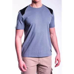 T-shirt grigia t.b.t. con protezioni nere sulle spalle per abbigliamento da lavoro.