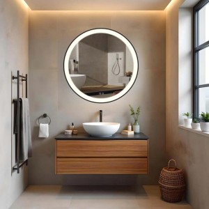 Specchio da parete rotondo con illuminazione a LED in bagno moderno.