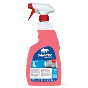 Detergente Sanitec S6 Inox in flacone spray rosa per cucina e bagno.