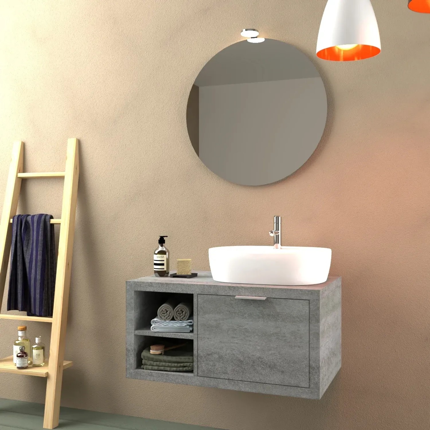 Set di mobili da bagno moderni con lavabo, specchio e scaffale a scala per asciugamani.