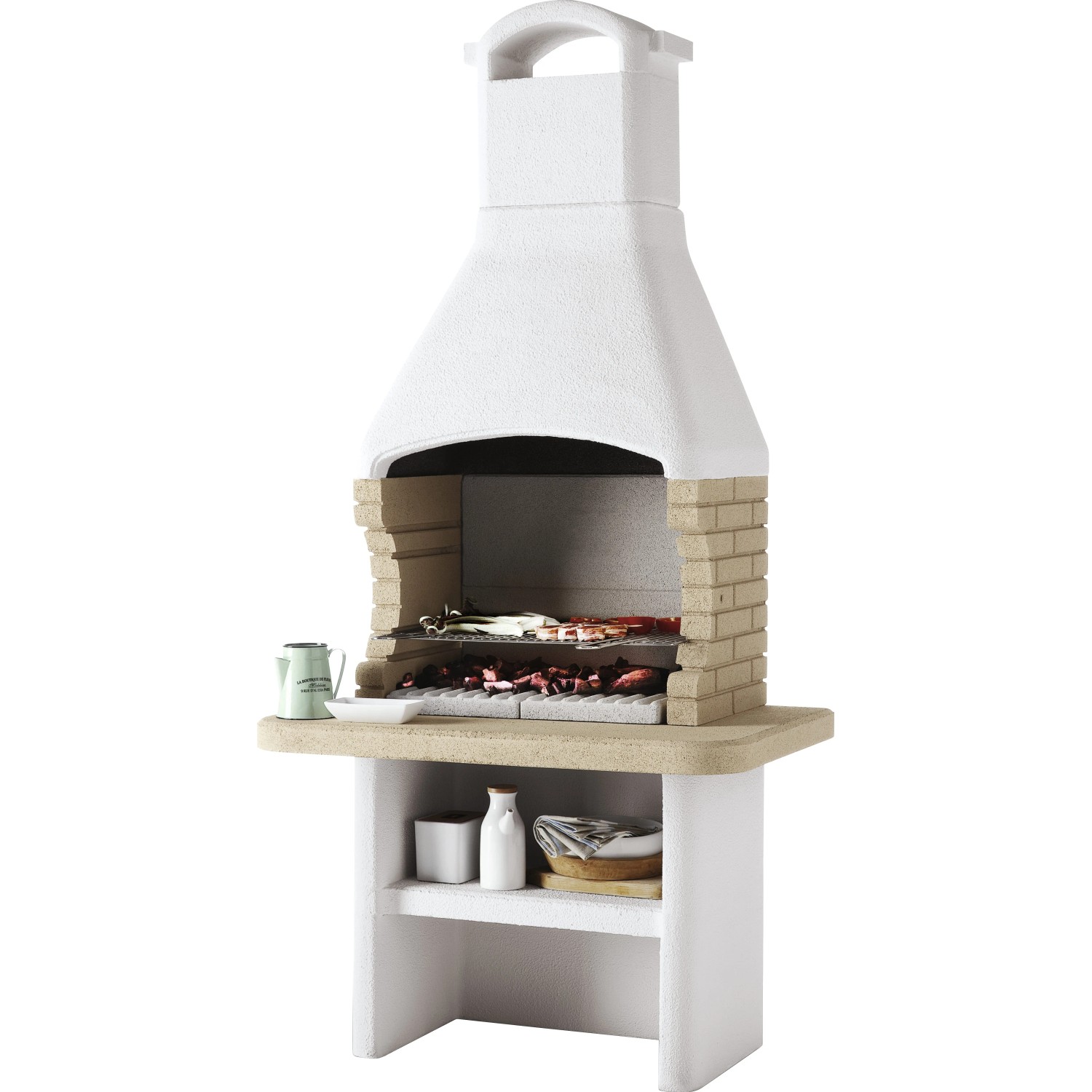 Barbecue in muratura per giardino e terrazza. Grill con ripiano e spazio di archiviazione.