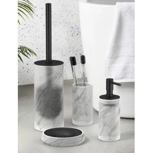 Set bagno t.b.t. con dispenser sapone, scopino WC, portaspazzolini e portasapone effetto marmo.