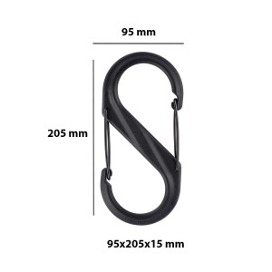 Gancio a S nero t.b.t. con dimensioni 95 x 205 x 15 mm, set di ganci e occhielli.