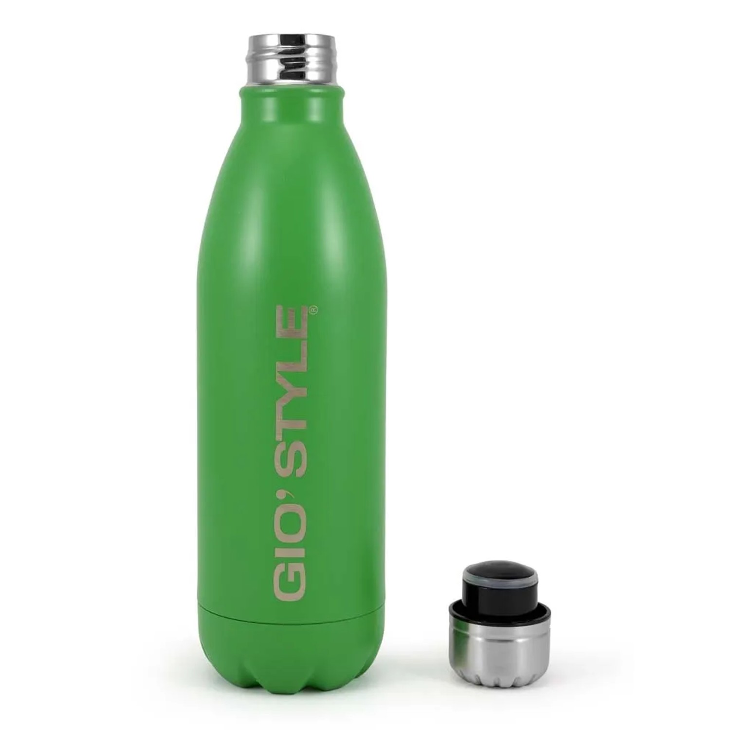 Borraccia verde GIO'STYLE con coperchio separato, ideale per il campeggio.