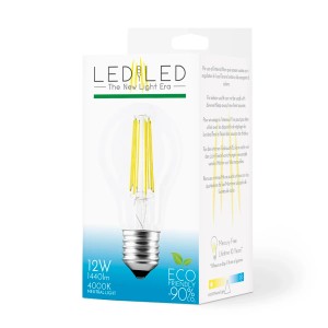 Lampadina LED E27 in confezione. 12W, 1440lm, 4000K luce neutra, senza mercurio, durata 10 anni.